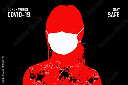 Coronavirus banner with girl silhouette in medical mask - global pandemic concept. Coronavirus 2019-nCoV background. Virus covid19 infection. Wallpaper. Quarantine illustration. (ID: 339300422)