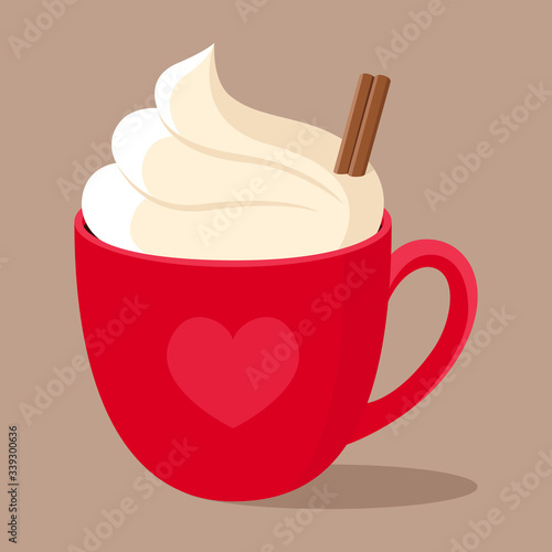 Hot chocolate with cinnamon stick and whipped cream in red Cup with heart