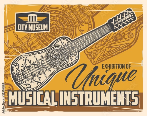 Musical string instruments museum exhibition, vintage retro poster. Folk music instruments unique exhibition, national and antique musical little string guitar, zither or sitar, mandolin