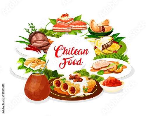 Chilean cuisine, authentic South America restaurant meals, vector menu cover. Chilean lunch and dinner food salmon pie with cheese, pork with apples, pasta with mushrooms and mate tea