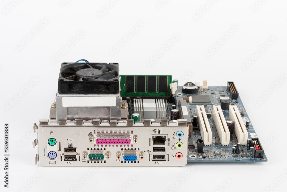 Close up of ports of computer motherboard, isolated on white background. Close up of ports of computer motherboard, isolated on white background.