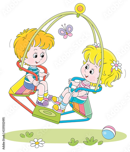 Cheerful small children swinging on a summer playground in a park, vector cartoon illustration on a white background