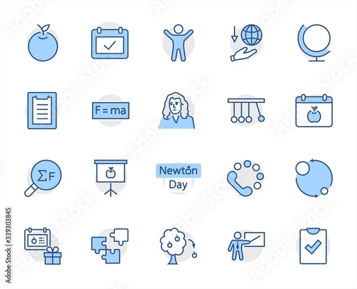 Newton's Day Set Line Vector Icon. Contains such Icons as Newton, Laws of physics and gravity, Flying Apple, Calendar, Teacher, blackboard and projector Editable Stroke. 32x32 Pixel Perfect