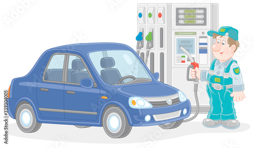 Car at a gas station with a refueling worker holding a fuel nozzle near a dispenser, vector cartoon illustration isolated on a white background