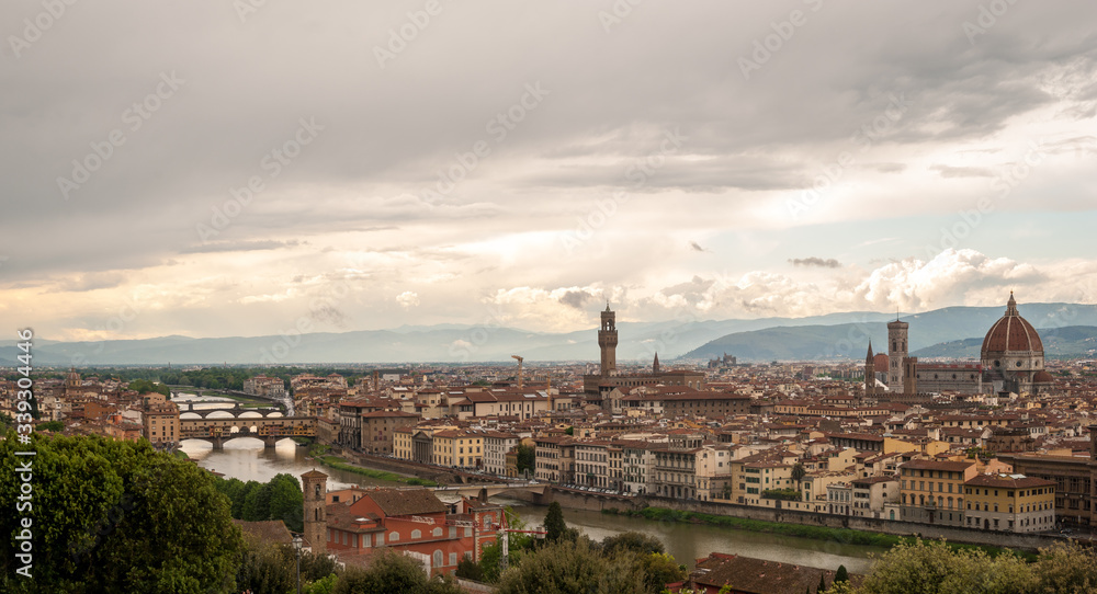 Panoramic view of Florence, Italy viewed from Piazzale Michelangelo before sunset with the view of Arno river