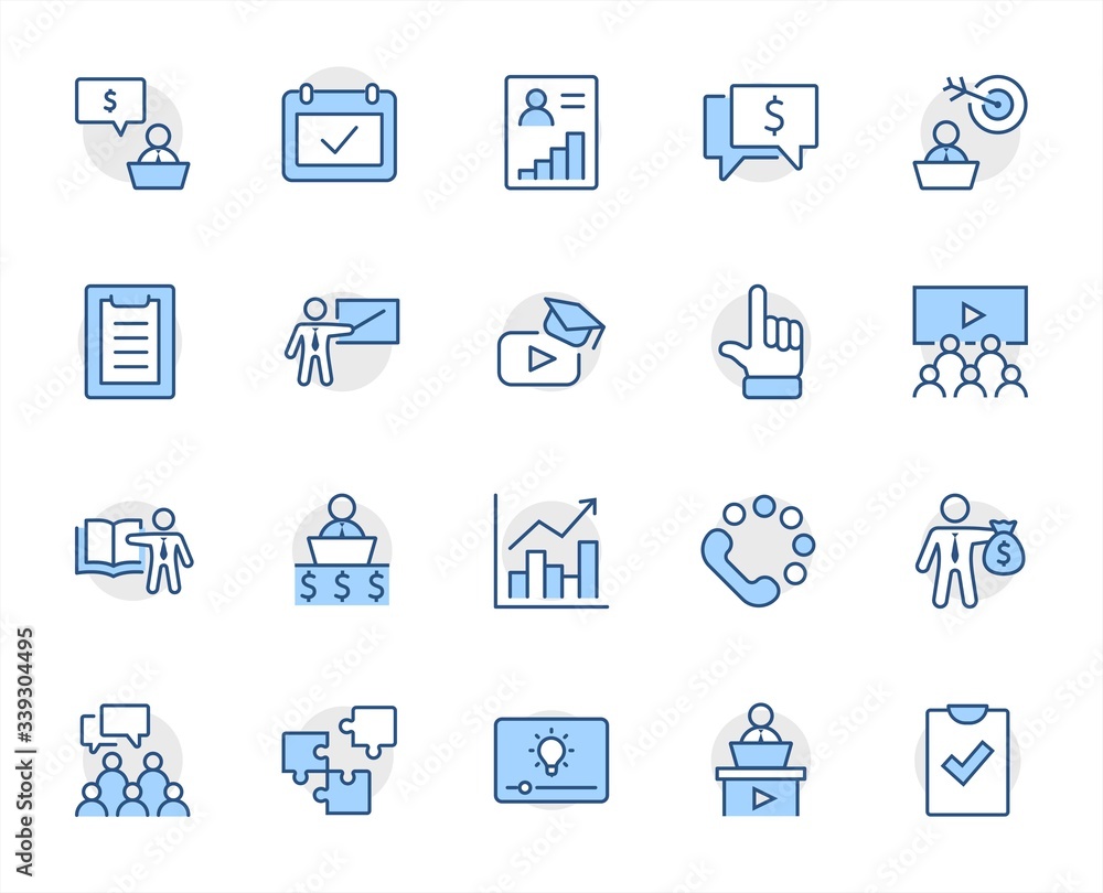 Set of Business Training Related Vector Line Icons. Contains such Icons as Teacher, Class, Presentation, Video, Book, Mentoring, Target and more. Editable Stroke. 32x32 Pixels.