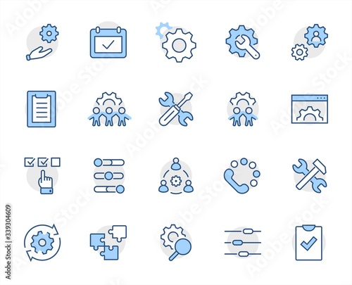 Set of Settings and Setup Vector Line Icons. Contains such Icons as Gear, Setting, Control, Iinstall, Options, Service, and more. Editable Stroke. 32x32 Pixels.