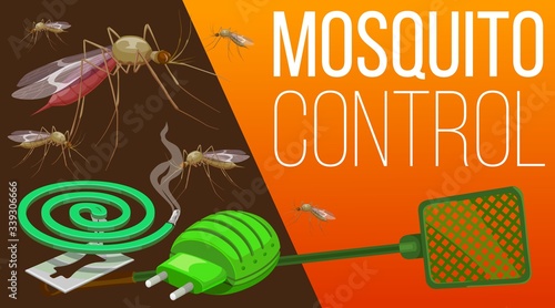 Mosquito pest control home insects and health protection service, vector poster. Mosquito fumigation tools, electric repellent, coil spiral and swatter for malaria and zika virus mosquito disinsection