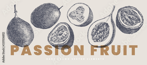 Hand drawn passion fruit. Natural fruit, whole and cut. Organic food concept. Can be used as element in design of gastronomy, menus and packaging. Vintage botanical illustration on isolated background