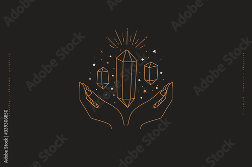 Magic crystals sparkle and soar above hands. Mystical symbols in trendy linear minimalist style on black background. Magic stone quartz for spiritual practices of ethnic magic and astrological rites.