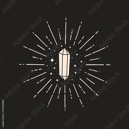 Shining crystal, precious mineral stone in a trendy linear style. Magical vector illustration of stone quartz for the design of the packaging of handmade products, jewelry. Tattoo sketch.