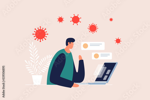 Man sits at a laptop and works online at home in an epidemic vector illustration. Online communication at self-isolation during quarantine. Social distance and infection prevention.