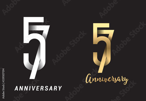 57 years anniversary celebration logo design. Anniversary logo Paper cut letter and elegance golden color isolated on black background