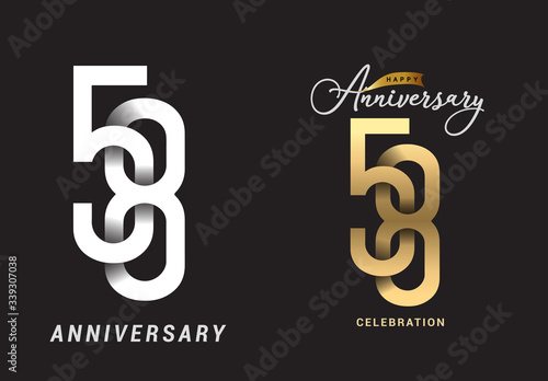 58 years anniversary celebration logo design. Anniversary logo Paper cut letter and elegance golden color isolated on black background