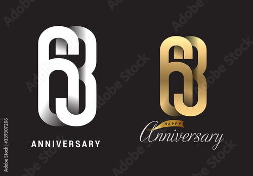 63 years anniversary celebration logo design. Anniversary logo Paper cut letter and elegance golden color isolated on black background