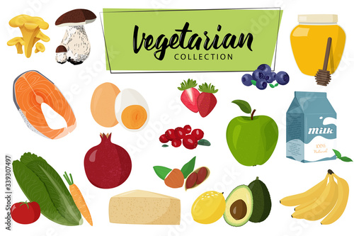 Set of vegetarian food. Collection of vector illustrations.