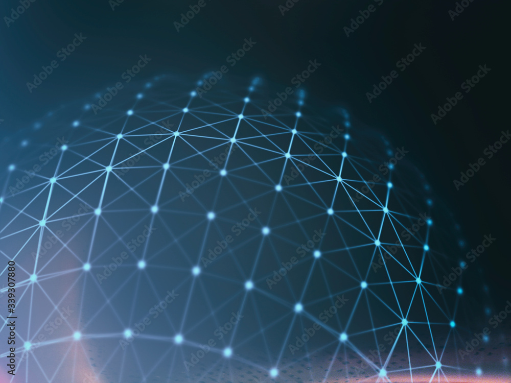 Obraz premium Abstract technology neural network and sphere geometry orb and polygonal lines and dots. Futuristic Technology, digitally generated image, 3d rendering