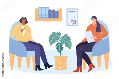 The concept of psychotherapy. A female psychologist conducts psychotherapy for the patient. A woman is sitting in a chair and crying. Vector illustration
