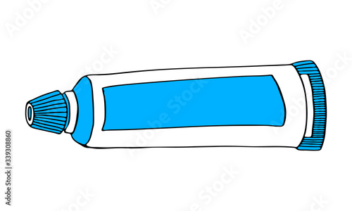 Toothpaste dental product for individual oral hygiene at home in the bathroom. Large tube of toothpaste. Color vector isolated flat doodle realistic drawing with black outline on white background icon