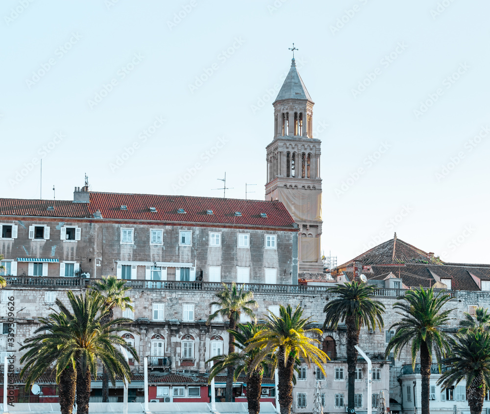 Riviera of the town of Split, Croatia. Green beautiful palm trees on the shore. Old belltower of saint dominus peeking above the old city buildings.Tower covered with scaffolding during restauration