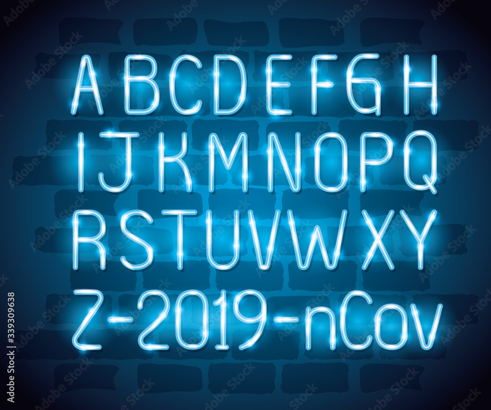 alphabet with 2019 ncov of neon light vector illustration design