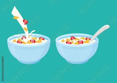 Cereal flake milk breakfast. Bowl rolled oats with strawberry. Vector illustration