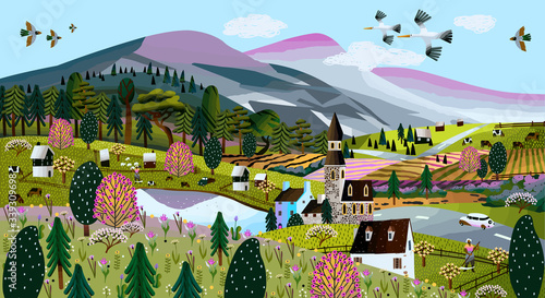 Nature. Vector illustration of a summer and spring landscape, mountains, trees, forest, houses, church, chapel and village. Drawing of a European village and a village for a poster or background 