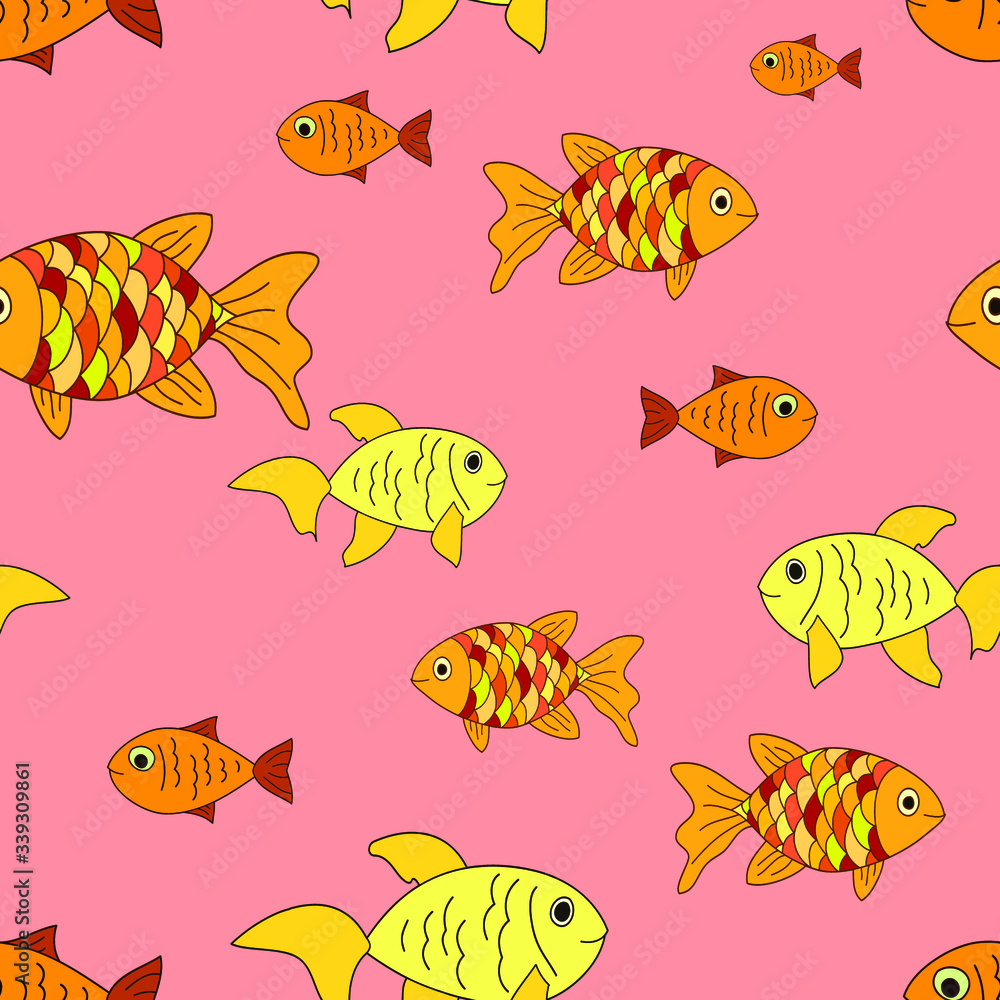 Cartoon goldfish on pink background: aquarium seamless pattern. Vector graphics.