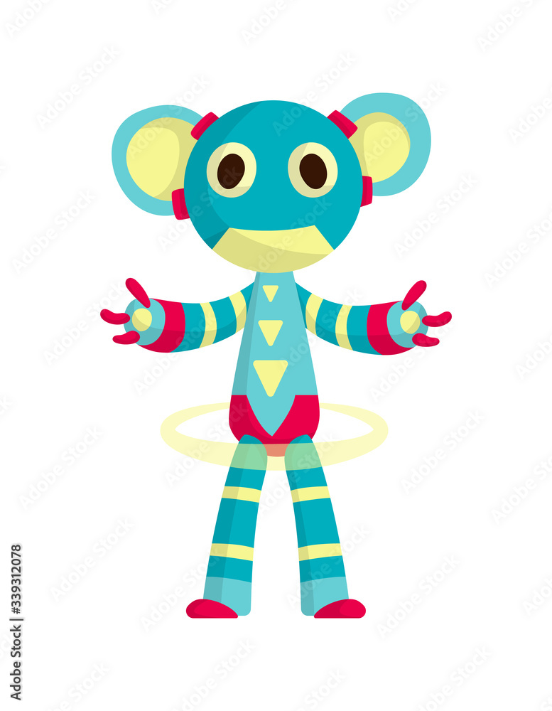 Funny cartoon robot. Cute retro robot. Robotic for children. Friendly android robot character with arms. Toy character future artificial robotics machine cyborg vector illustration Funny cartoon robot. Cute retro robot. Robotic for children. Friendly android robot character with arms. Toy character future artificial robotics machine cyborg vector illustration