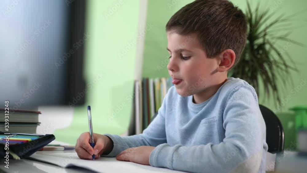 online education, infant learns school lessons using video broadcasting and modern technologies, boy looks at monitor screen and does homework, interactive learning online education, infant learns school lessons using video broadcasting and modern technologies, boy looks at monitor screen and does homework, interactive learning
