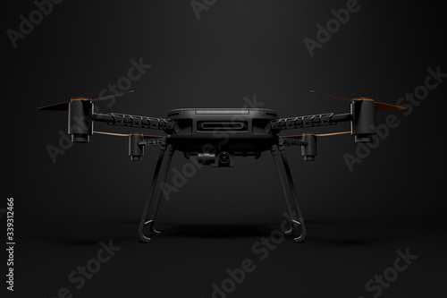 3d front rendering of black drone with camera standing on dark gray gradient background.