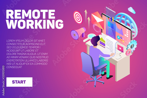 Freelancer character working from home with laptop sitting in cozy chair. Home office. Remote work. Young man working at home.