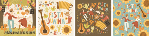 Festa Junina! Vector cute illustration of dancing man and woman, squirrels, paper lanterns, festive music. Couple of farmers celebrate traditional Brazilian holiday. Drawing for card, poster, postcard