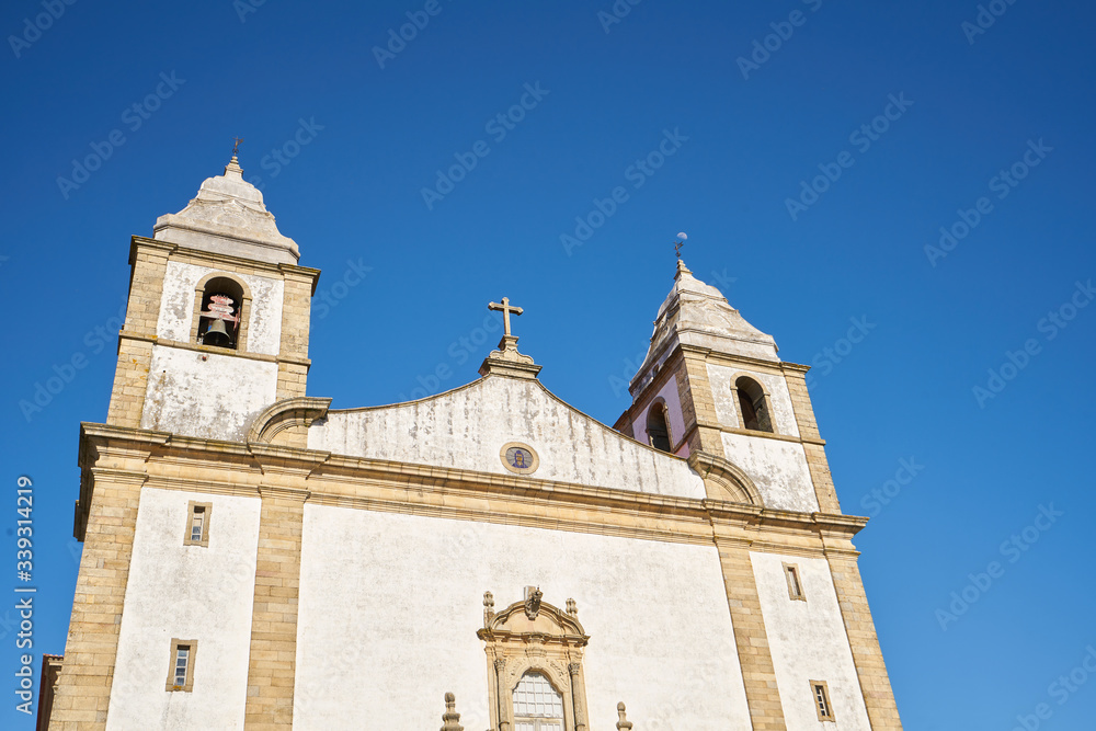 Castelo de Vide church in Alentejo with blue background, Portugal