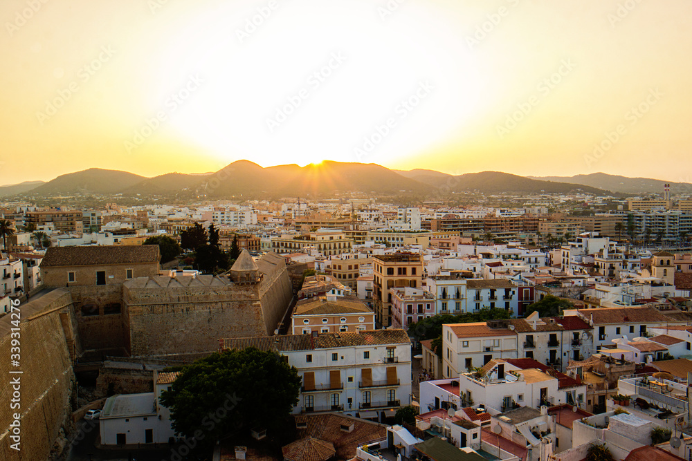 view of the city of Ibiza from above at sunset