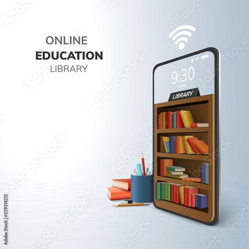Digital Library Online Education internet and blank space on phone, mobile website background. social distance concept. decor by book lecture pencil eraser mobile. 3D vector Illustration. copy space
