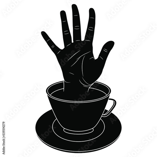 Isolated vector illustration. Human hand with open fingers greeting from cup of tea or coffee. Black and white silhouette. Creative funny concept.