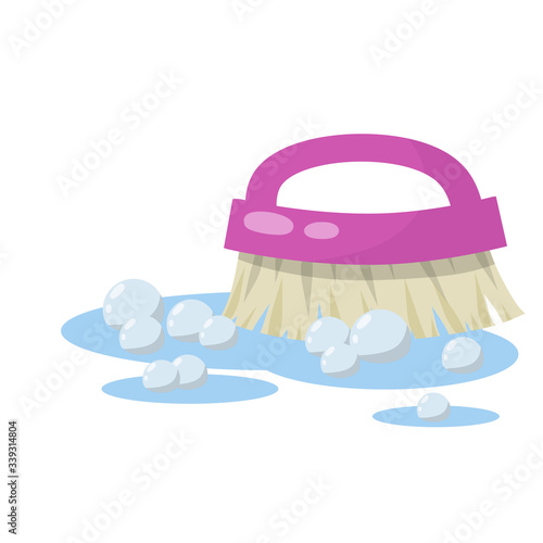 Brush for wet house cleaning and sweeping. item for combing horse. Cartoon flat illustration. Object for homework. puddle of water with soap bubbles
