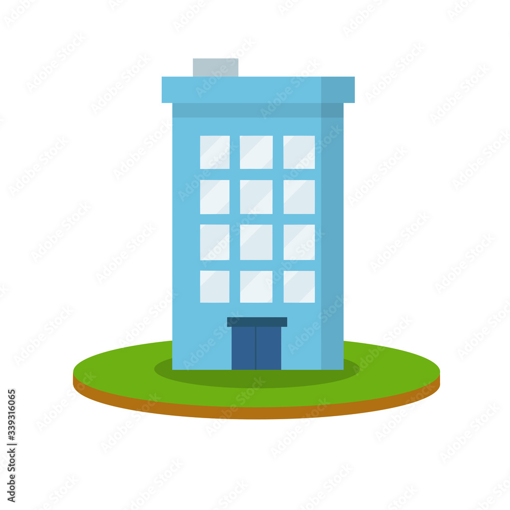 Blue high house on a green lawn with a platform. Element of the cityscape. Office and hotel. City building. Cartoon flat illustration Blue high house on a green lawn with a platform. Element of the cityscape. Office and hotel. City building. Cartoon flat illustration