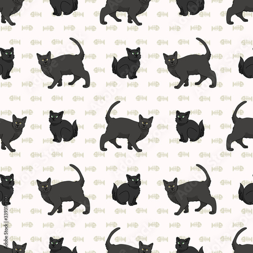 Cute cartoon Bombay cat and kitten seamless vector pattern. Pedigree kitty breed domestic cat background. Cat lover black Asian purebred all over print. Feline EPS 10. 