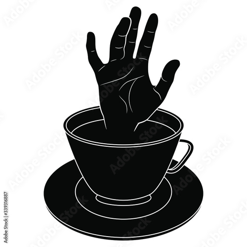 Isolated vector illustration. Human hand greeting from cup of tea or coffee. Black and white silhouette. Creative funny concept.