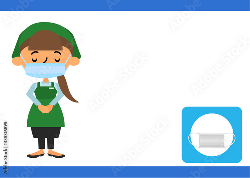pixta用マスク着用のお知らせスーパーのおばちゃんお辞儀ズボンミニ