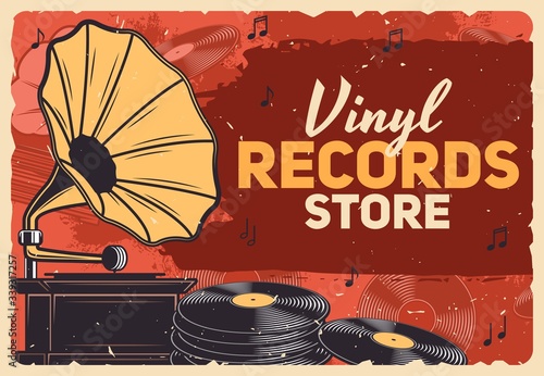 Music store, gramophone vinyl records and retro music shop vector grunge poster. Vintage vinyl record LP disks, gramophone and phonograph playing equipment and music notes