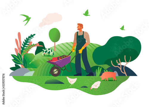 Happy Spring. Gardening. Modern flat vector concept illustration of a man doing hobby gardening work - watering, planting, loosening, organizing spring gardening concept. Gardening people. 