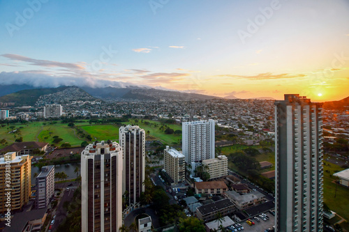 Hawaii view of Waikiki buildings at sunset