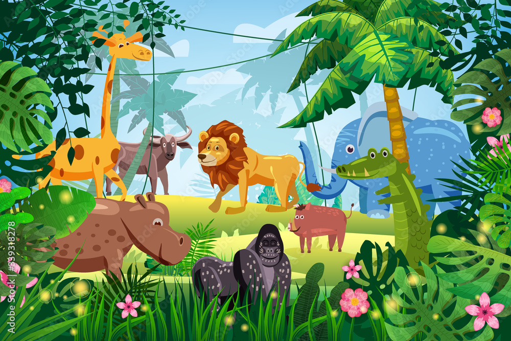 Cute Set Animals in Jungle tropical rainforest background ...
