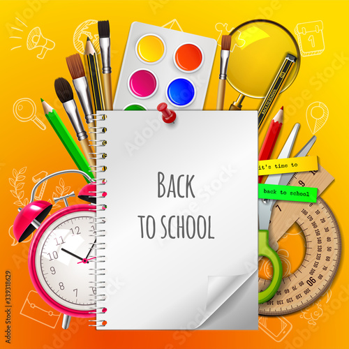 Welcome back to school with supplies on yellow background, vector illustration