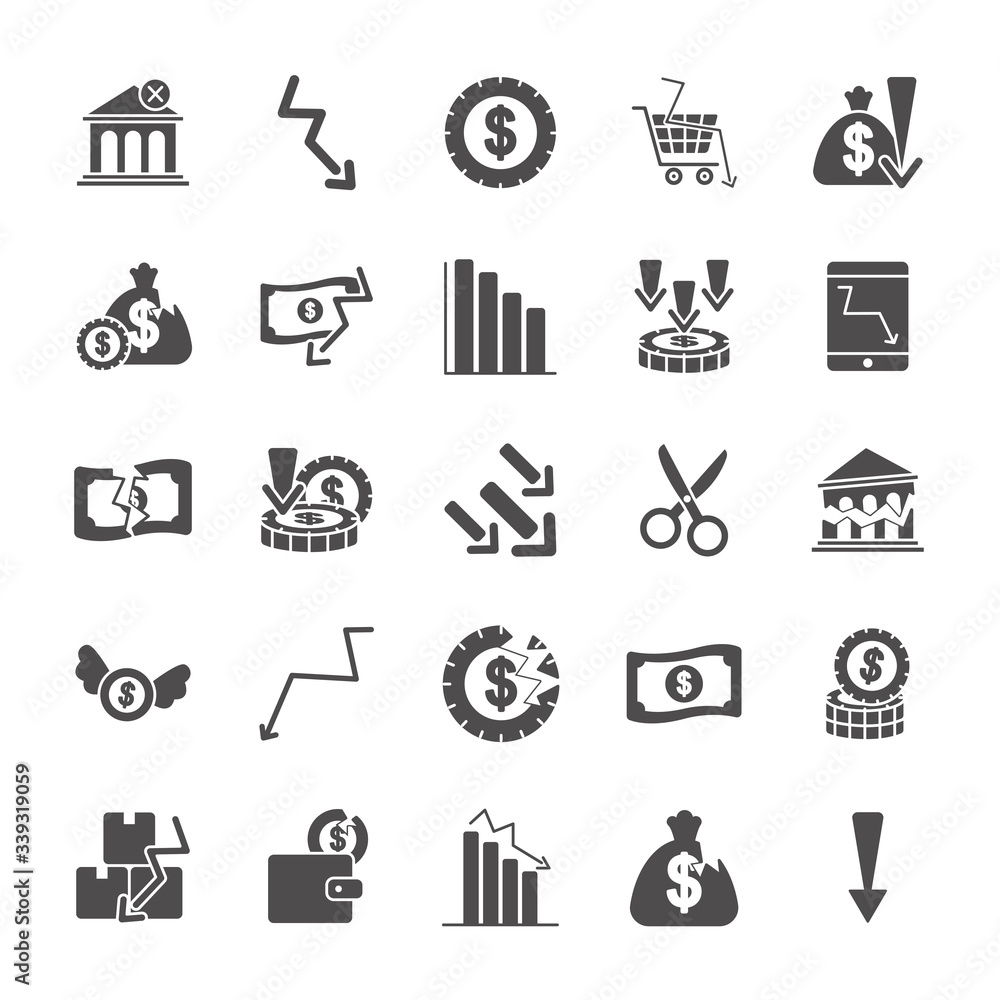 Naklejka premium money items and financial broke icon set, silhouette style