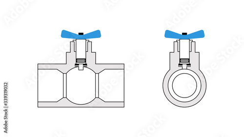 Ball valve device. Side and front view. Drawing. Crane inside. How does a water tap work. Shut off valves. Scheme Vector