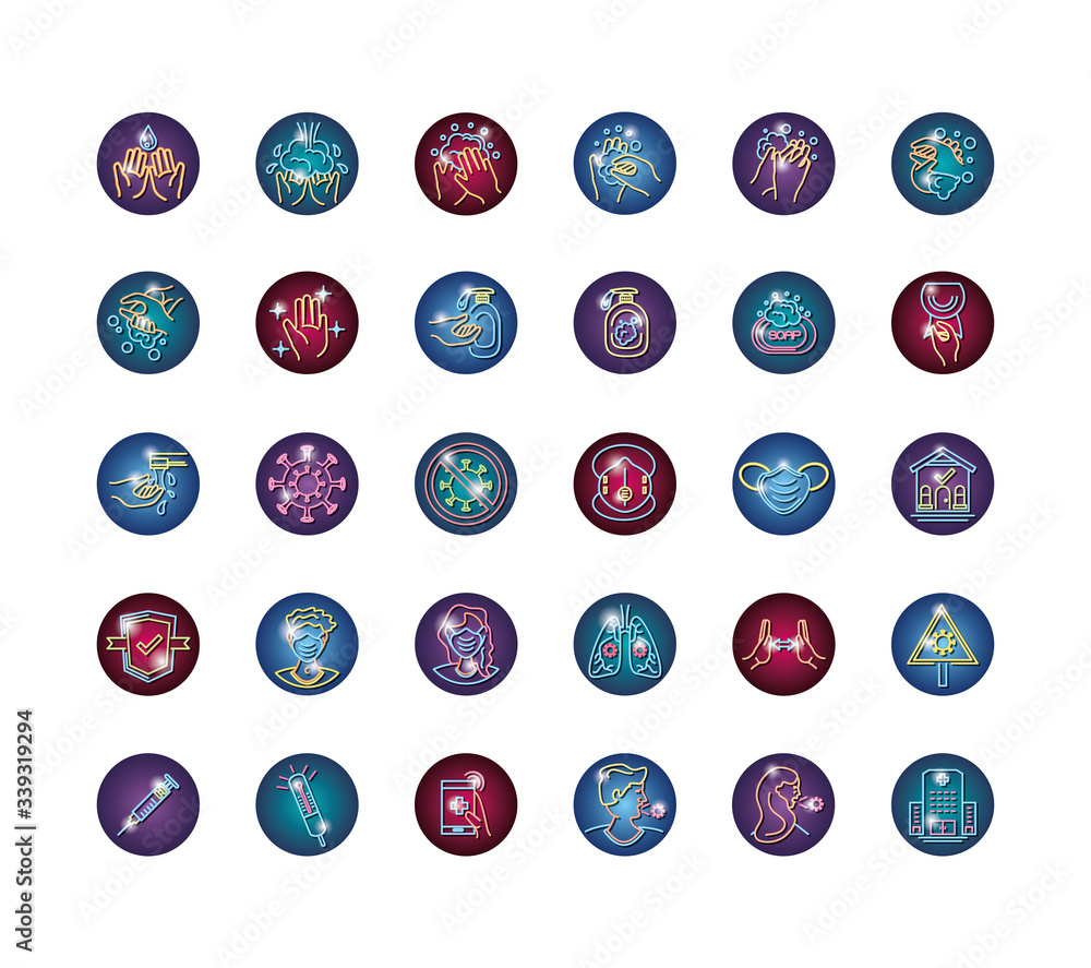 set of icons coronavirus prevention in neon light set of icons coronavirus prevention in neon light